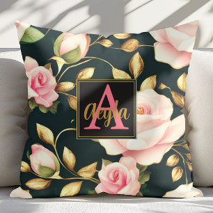Midnight Botanicals: Pink Roses & Golden Leaves Cushion