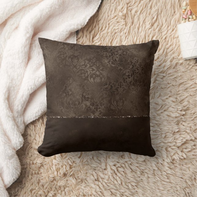 Midnight Bronze Romance | Satiny Grunge Damask Cushion (Blanket)