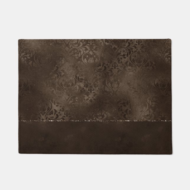 Midnight Bronze Romance | Satiny Grunge Damask Doormat (Front)