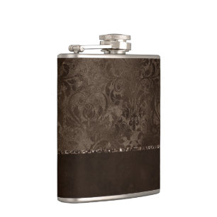 Midnight Bronze Romance   Satiny Grunge Damask Hip Flask