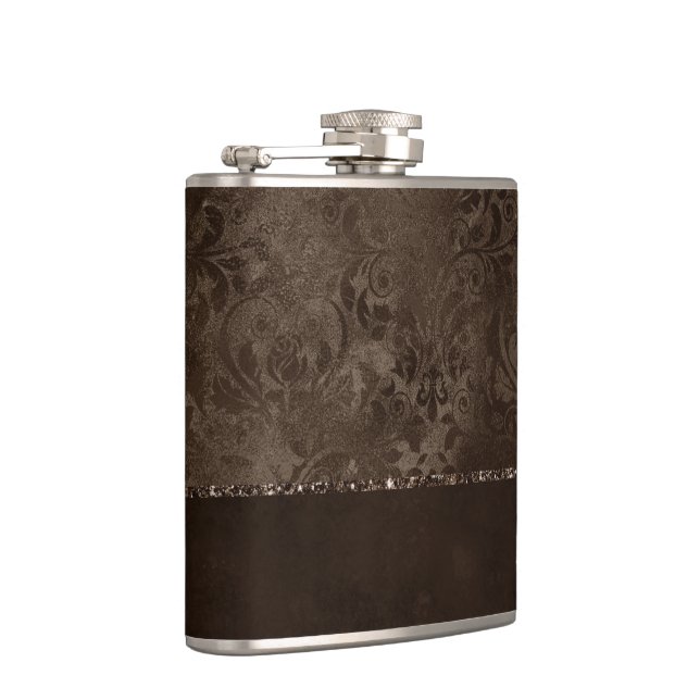 Midnight Bronze Romance | Satiny Grunge Damask Hip Flask (Right)
