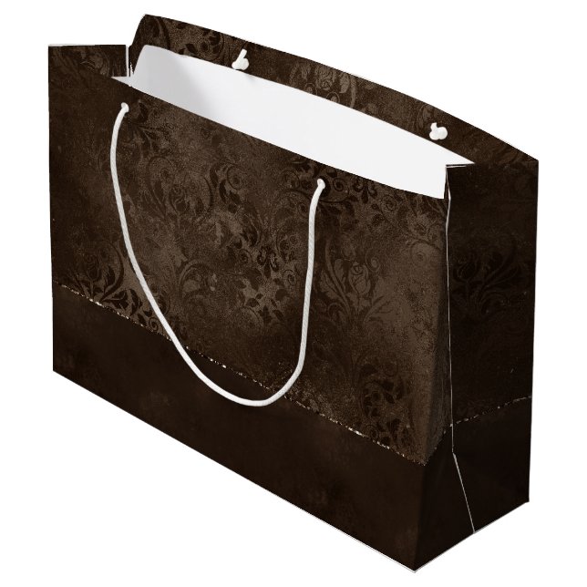 Midnight Bronze Romance | Satiny Grunge Damask Large Gift Bag (Back Angled)