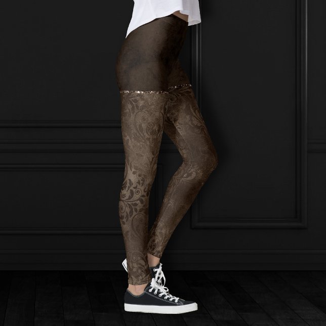 Midnight Bronze Romance | Satiny Grunge Damask Leggings (Creator Uploaded)