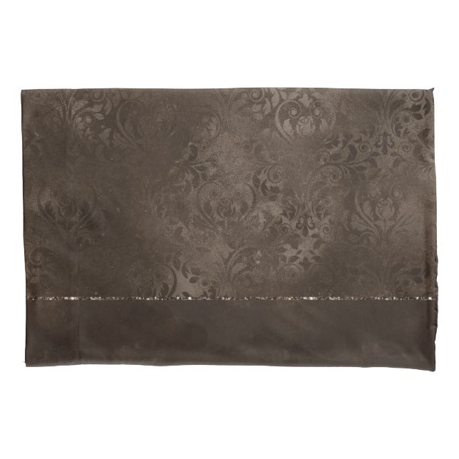 Midnight Bronze Romance | Satiny Grunge Damask Pillowcase (Front-Left)