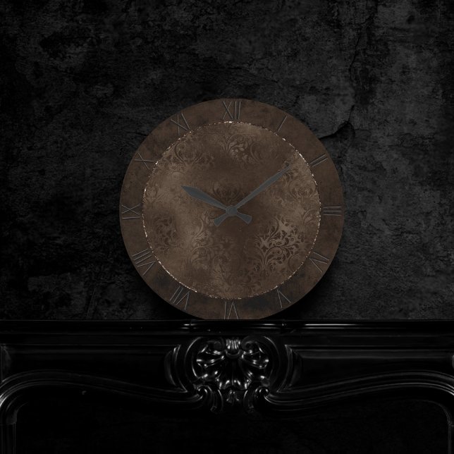 Midnight Bronze Romance | Satiny Grunge Damask Round Clock (Creator Uploaded)