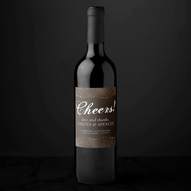 Midnight Bronze Romance | Satiny Grunge Damask Wine Label (Creator Uploaded)