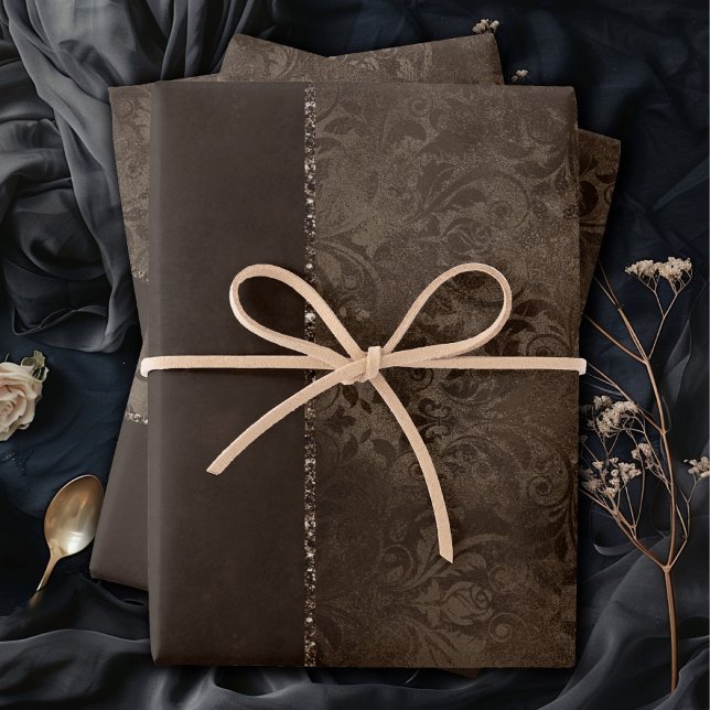 Midnight Bronze Romance | Satiny Grunge Damask Wrapping Paper Sheet (Creator Uploaded)