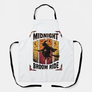 Midnight Broom Ride Vintage Witch Halloween Graphi Apron