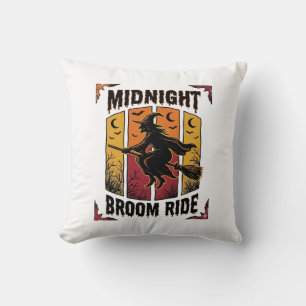 Midnight Broom Ride Vintage Witch Halloween Graphi Cushion