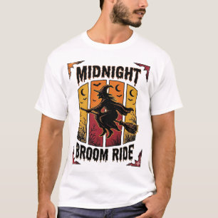 Midnight Broom Ride Vintage Witch Halloween Graphi T-Shirt