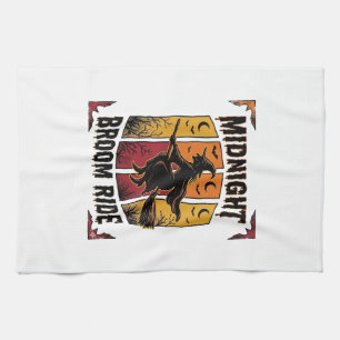 Midnight Broom Ride Vintage Witch Halloween Graphi Tea Towel
