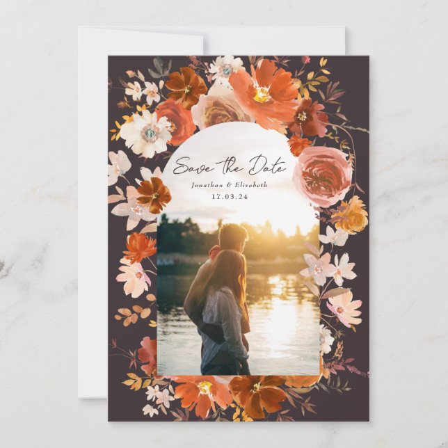 Midnight Burnt Orange Floral Wedding Arch Photo Save The Date (Front)