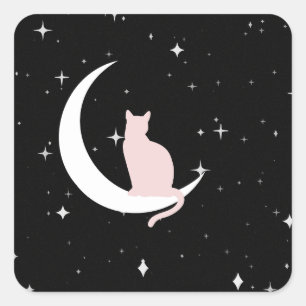 Midnight Cat on the Moon Square Sticker