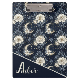 Midnight Celestial Floral & Crescent Moon Design Clipboard