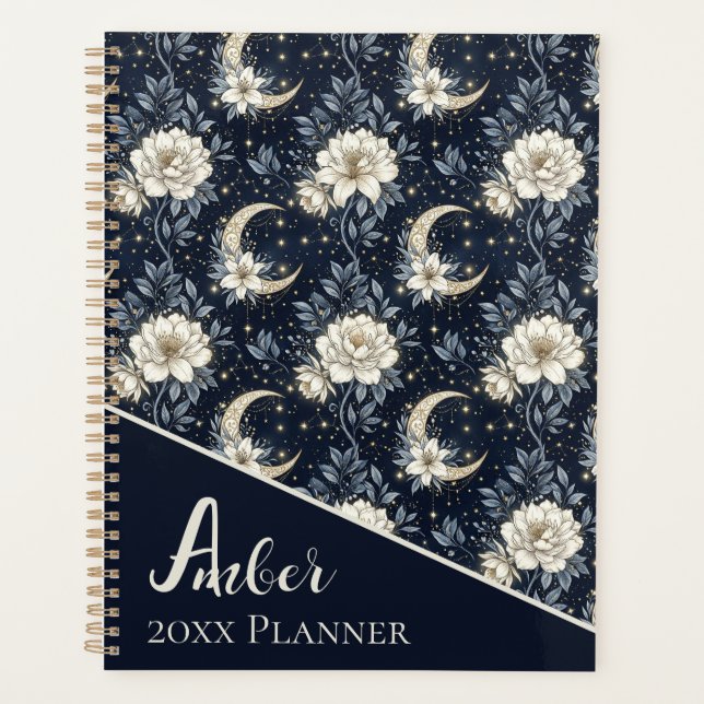 Midnight Celestial Floral & Crescent Moon Design  Planner (Front)