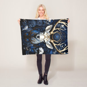 Midnight Celestial Floral Gothic Deer  Fleece Blanket