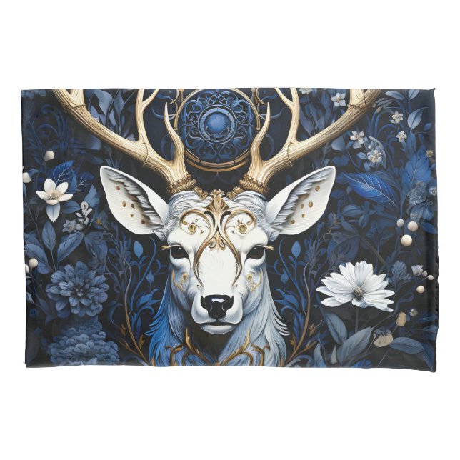 Midnight Celestial Floral Gothic Deer  Pillowcase (Front)