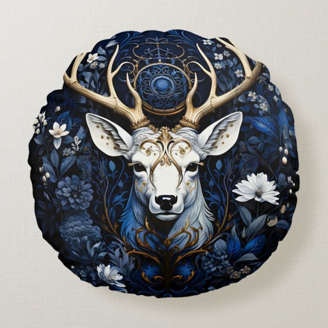 Midnight Celestial Floral Gothic Deer  Round Cushion (Front)