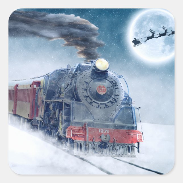Midnight Christmas Train with Girl and Santa Square Sticker (Front)