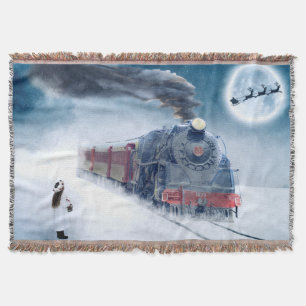 Midnight Christmas Train with Girl and Santa Throw Blanket