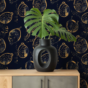 Midnight Citrus Gold and Navy Lemon Wallpaper