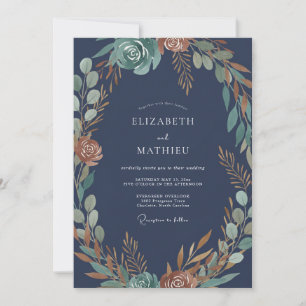 Midnight Copper Leafy Wedding Invitation