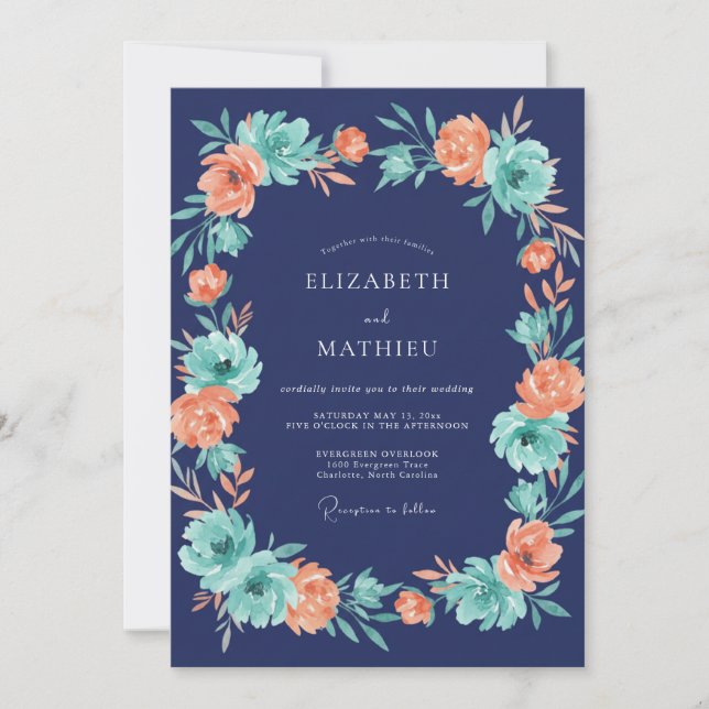Midnight Coral Blossom Wedding Invitation (Front)