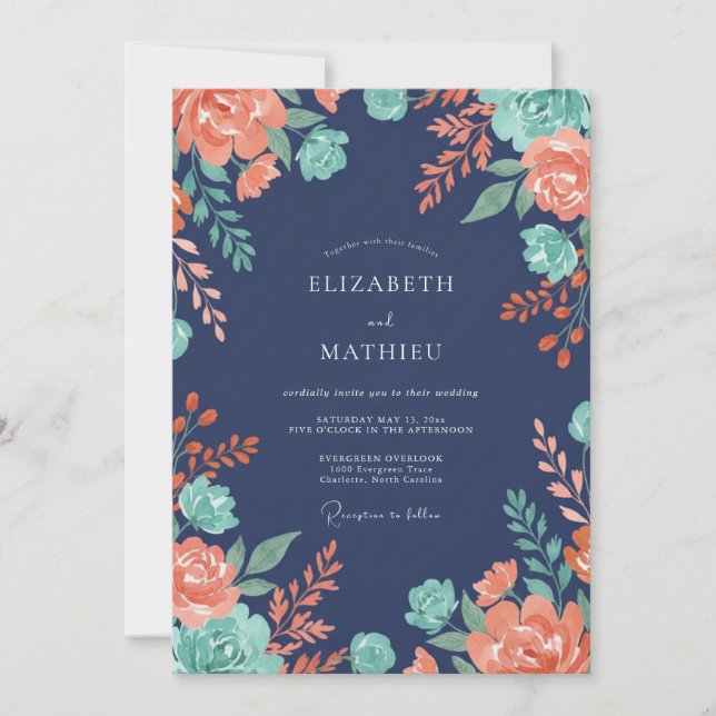 Midnight Coral Leafy Wedding Invitation (Front)