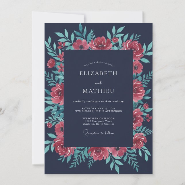 Midnight Coral Peony Wedding Invitation (Front)