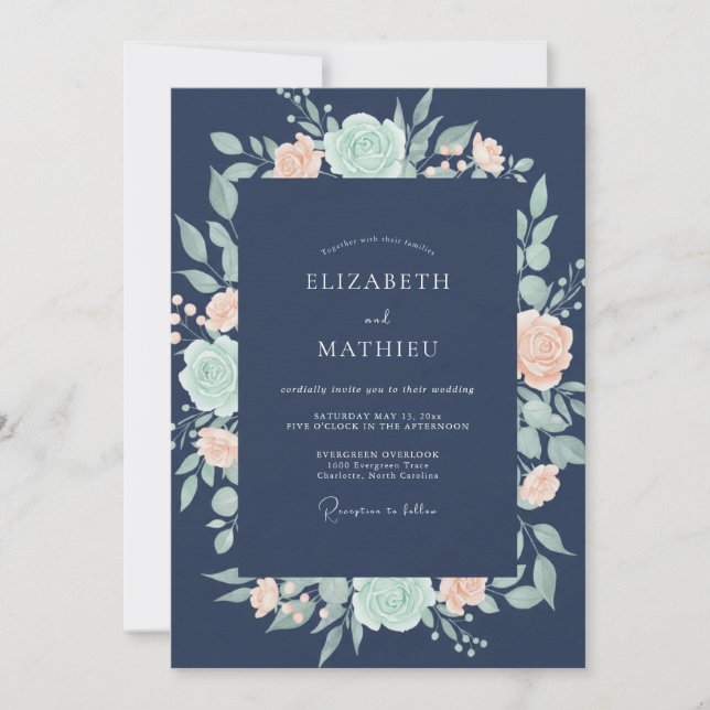Midnight Coral Ranunculus Eucalyptus Wedding Invitation (Front)