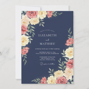 Midnight Coral Ranunculus Grey Eucalyptus Wedding Invitation