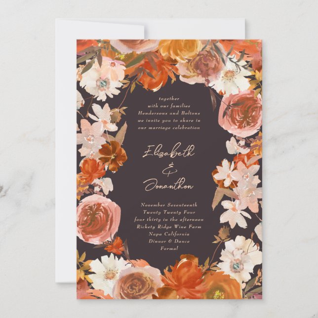 Midnight Cream Floral Bouquet Abundance Wedding Invitation (Front)
