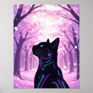 Midnight Cyber Cat Pink Cherry Blossom Forest Poster