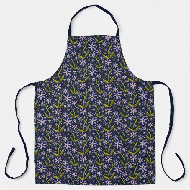 Midnight | Dancing Watercolor Daisies Large Apron (Front)