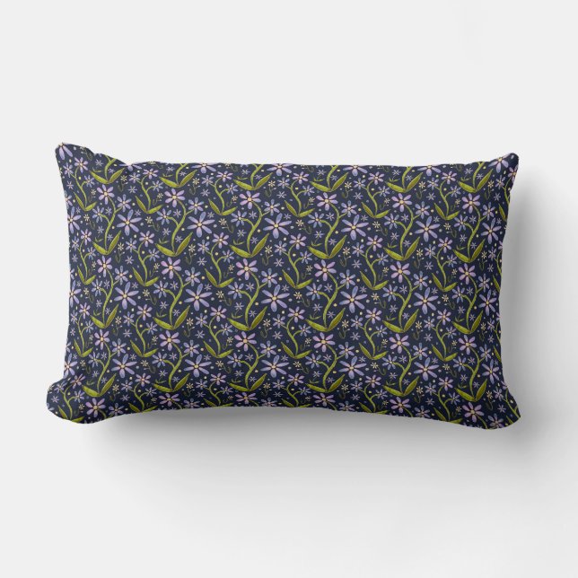 Midnight | Dancing Watercolor Daisies Lumbar Cushion (Front)