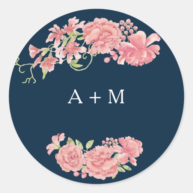 Midnight dark blue pink peonies wedding thank you classic round sticker (Front)