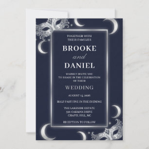 Midnight Dark Navy and Silver Masquerade Wedding I Invitation