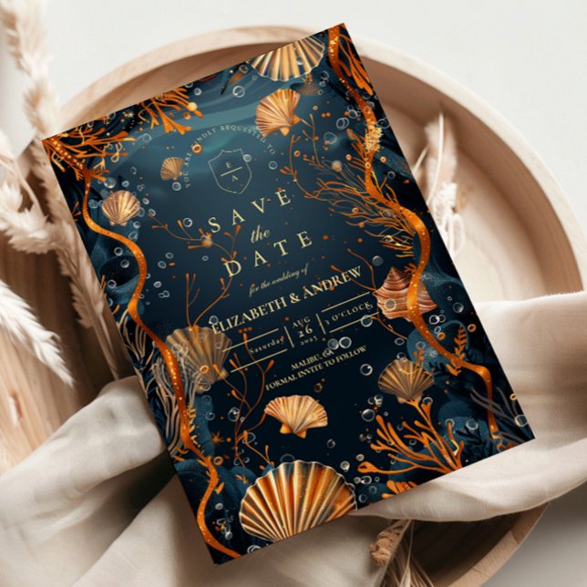 Midnight Deep Sea Gold Nautical Wedding Save The Date (Creator Uploaded)