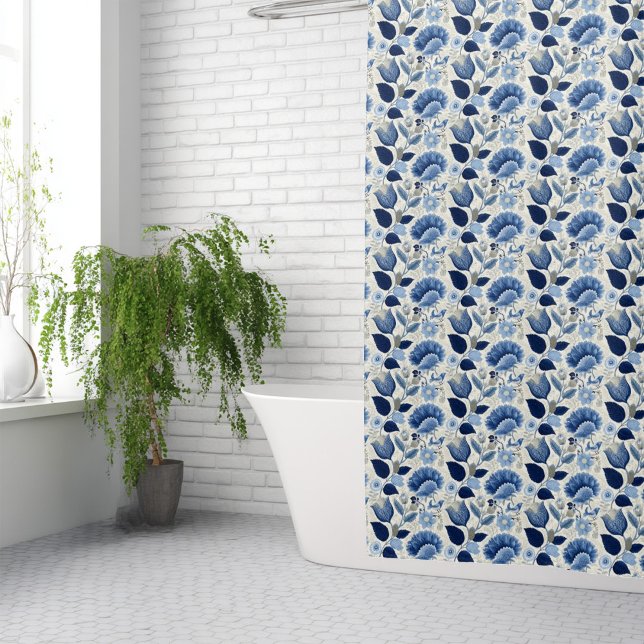 Midnight Delft Garden Vintage Botanical Blue Shower Curtain (Blue Botanical Shower Curtain)