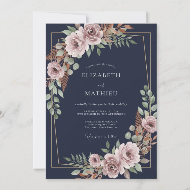 Midnight Dusty Mauve Leaf Wedding Invitation (Front)