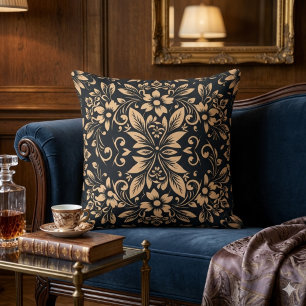 Midnight Elegance Damask Floral Throw Pillow