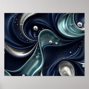 Midnight Elegance, Navy, Teal & Silver Fluid Art Poster