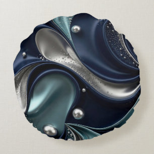 Midnight Elegance, Navy, Teal & Silver Fluid Art Round Cushion