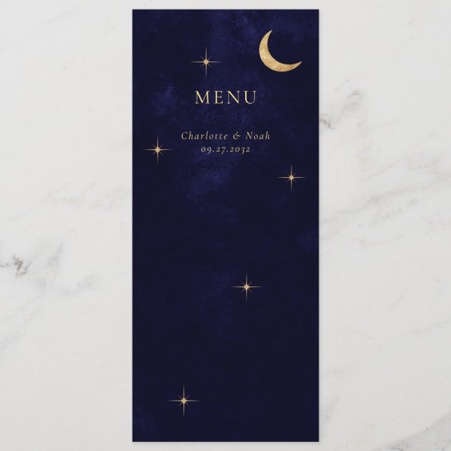 Midnight Elegant Celestial Gold Moon Stars Wedding Menu (Front)