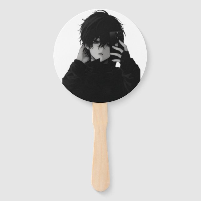 Midnight-Emo Anime Boy - Dark Aesthetic Hand Fan (Front)