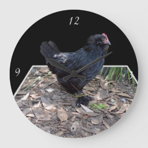 "Midnight Feathers: A Black Chicken in Popout Art" Large Clock