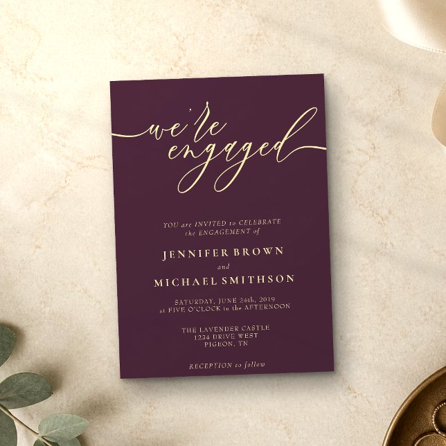 Midnight Fig & Champagne Minimal We are Engaged Invitation (Creator Uploaded)