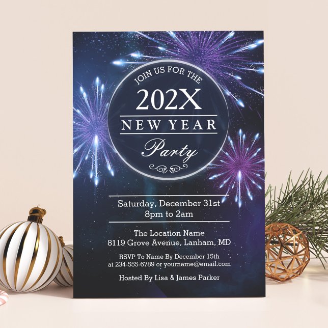 Midnight Fireworks Starry Sky New Year's Eve Party Invitation (Creator Uploaded)