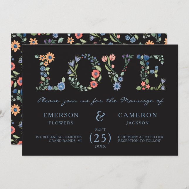 Midnight Floral LOVE Wedding Invitation (Front/Back)