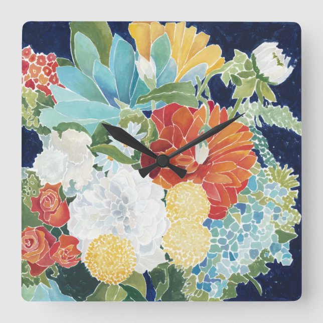 Midnight Florals III Square Wall Clock (Front)